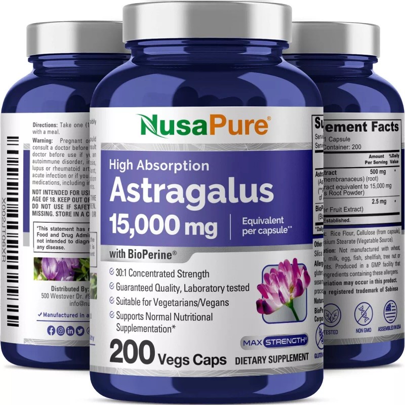 NusaPure Astragalus 15,000mg Per Caps 200 Veggie Capsules (Vegetarian)