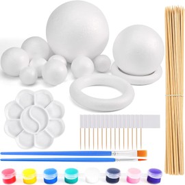 48PCS Solar System Model Foam Ball Kit Includes 10 Sizes Polystyrene Spheres Balls, Bamboo Sticks, Toothpick Flags, 8 Color Pigments, Brushes, Paint Tray Palette for School Science Projects