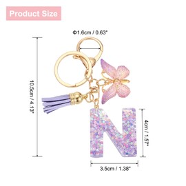 sourcing map Initial Letter Keychains, Resin Cute Butterfly Tassel Pendant Accessory for Women, Alphabet Key Ring for Purse Handbags Backpack, Purple-N
