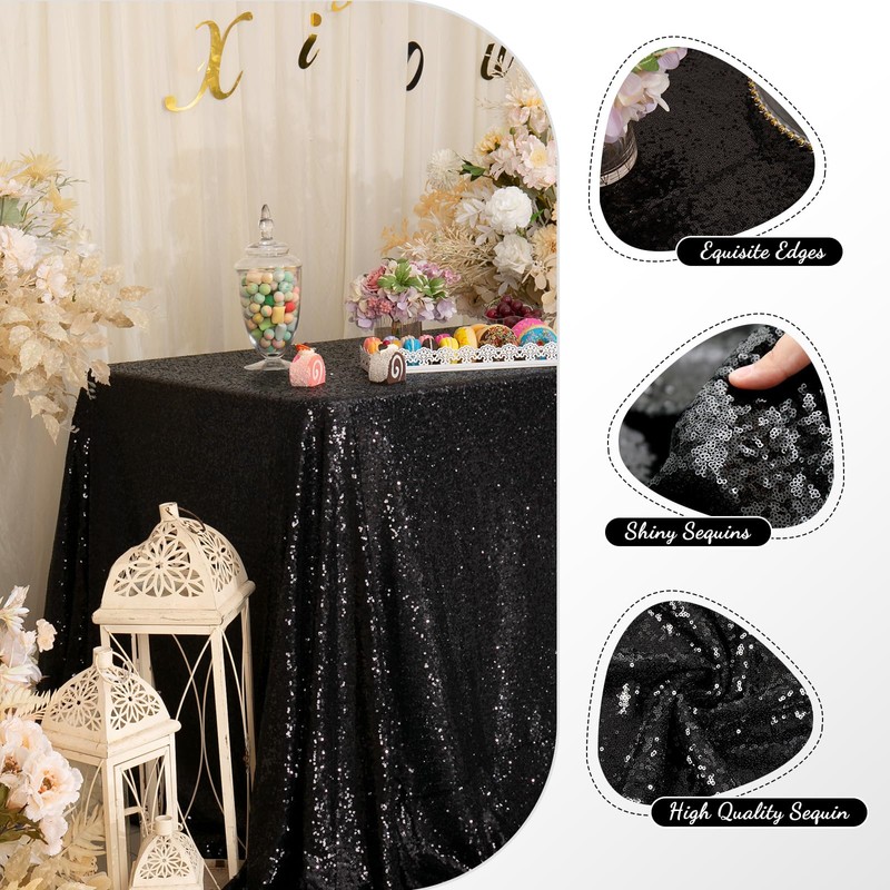 PartyDelight Sequin Tablecloth, Wedding, Sweetheart, Christmas Tree, Rectangular, 48"x72", Black