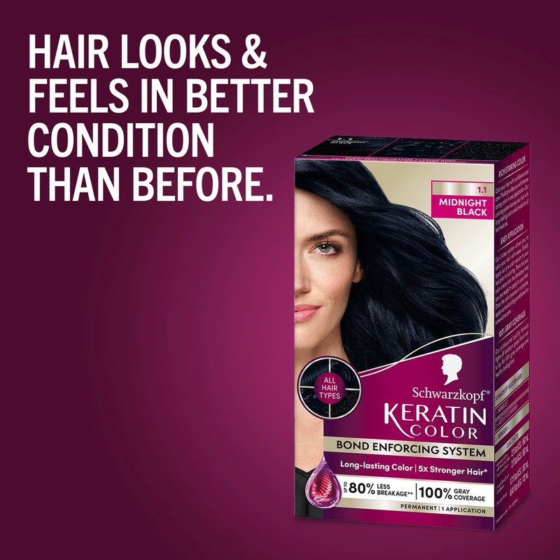 Schwarzkopf Keratin Permanent Hair Dye Cream, 1.1 Midnight Black, Professional