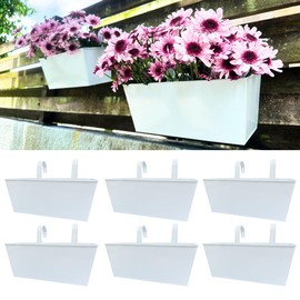 LaLaGreen Outdoor Rail Planter (6 Pack, 16 Inch) Large White Metal Strawberry Wall Hanging Planters, Balcony Deck Railing Fence Succulent Herb Rectangular Plant Holder Outside Patio Porch Decoration