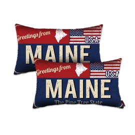 Doraloko Throw Pillow Cover 12x20 Set of 2, Maine Decor Gift Souvenir, American Flag License Plate Lumbar Pillowcase, Greetings from The Pine Tree State(ME, USA) - Cushion Case Sham, No Inserts