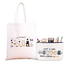 1pcs Cute Cat Makeup Bag + 1pcs Stylish Cat Cloth Bag - Funny Tote Bag is Foldable, Reusable Cat Theme Women Shopping Bag Gift for Kitten Lovers Teens, Sisters, Girlfriends, Friends, Relatives