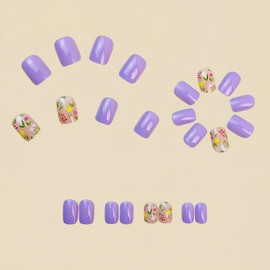24 Pcs Short Square Press on Nails Floral Fake Nails Light Purple Acrylic False Nails Cute Pink Flower Glue on Nails Glossy Full Cover Stick on Nails Artificial Nails for Wome