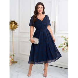 Womens Plus Size Wedding Guest Dress V Neck Short Sleeve Floral Boho Tulle Dress A Line Cocktail Formal Dresses Navy Blue