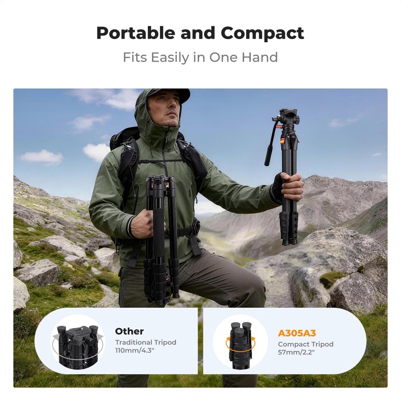 K&F CONCEPT 73” Camera Tripod with Fluid Head, Aluminum Travel
