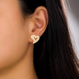 Heart Earrings Hypoallergenic Stud Earrings For Women Trendy, Iced Out Womens Earrings Sensitive Earrings Studs, Hip Hop Jewelry Cubic Zirconia Bling Jewelry Dainty Earrings Birthday Gifts (Gold-1)