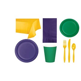 Mardi Gras Party Decorations, Bundle of Purple, Green and Golden Yellow Party Tableware for 24 People, Box of 197 Total Pieces