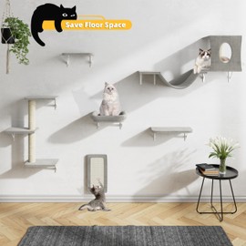 Wall Mounted Cat Climbing Frame, 6pc Cat Wall Furniture, Cat Climber with Cat House, Bridge, Tree, Steps, and Scratcher, DIY Cat Walls Playground, Cat Shelves for Indoor Wall Furniture Set