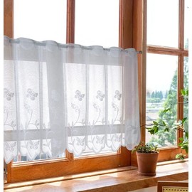 Devola Net Curtains Transparent Jacquard Curtain with Flowers Panneaux Curtains Country House Bistro Curtain White with Eyelets Short Kitchen Curtains with Curved Edge W x H 120 x 60 cm 1 Piece