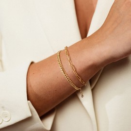 KissYan Gold Bracelets for Women, Dainty 14K White Gold Plated Layered Paperclip Tiny Pearl Cuban Link Chain Bracelet Set Adjustable Cute Trendy Jewelry Gift(G-cuban paperclip)