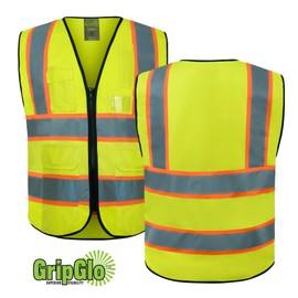 GripGlo Reflective construction Vest, Premium Quality Zipper, 6 Multi-Functional Pockets, Bright 2” Reflective Strips, Orange Trim for Maximum Visibility and Safety Size XX-Large TLS-432