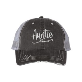 Go All Out One Size Black/Grey Trucker Auntie Heart Embroidered Distressed Trucker Cap