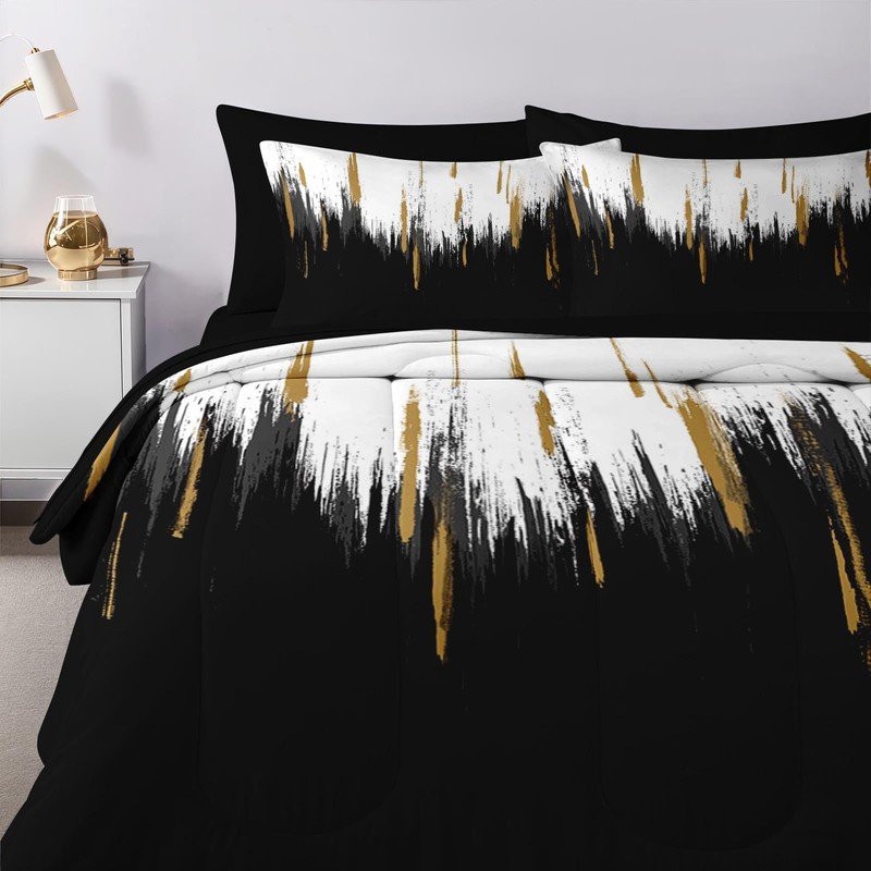 Nesker Comforter Set Queen Size, Black Gold White 7 Pcs