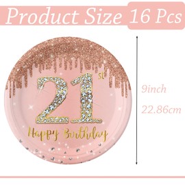 Paper Plates 21st Birthday, Pack of 16 Disposable Birthday Plates, 23 cm Paper Plates Disposable for Boys Girls, Rose and Gold Paper Plates for Party Birthday, Happy 21st Birthday Disposable Plates