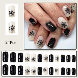 Christmas Press on Nails Medium Square Fake Nails with Black Snowflakes Design Glossy Glue on Nails Winter Xmas Full Cover Acrylic Nails Artificial Nails Bling Gold Glitter False Nails for Women 24Pcs