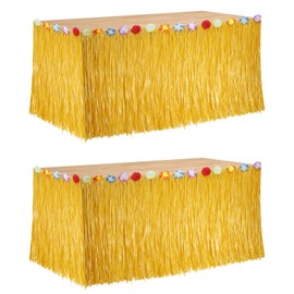 2Pc Luau Grass Table Skirt, Hawaiian Party Decorations Hawaiian Table Skirt 30'' x 9 Feet with Hibiscus Flowers Straw Yellow Party Skirt for Luau Party Hawaiian Theme Party