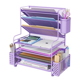 Simple Trending 7 Tier Desk File Organizer, Letter Tray Paper Organizer with Pen Holder and Metal Hanging Basket, Purple