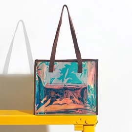 ONEART - Bolso de mano transparente iridiscente a la moda, holográfico, impermeable, bolso de hombro para ir de compras, gimnasio, viajes, Cian, 35cmx12cmx30cm