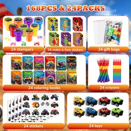 BenLouis 168Pcs Monster Truck Party Favors Truck Car Theme Coloring Books Crayons Sticker Set Bulk for Kids Racing Wheels Birthday Decor Goodie Bag Stuffer Classroom Rewards Craft Pinata Supplies