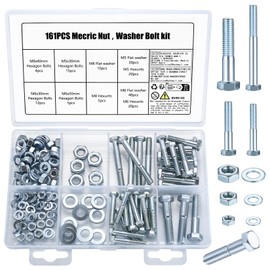 161 Pcs M5 M6 M8 Hex Bolts and Nuts Set, Hexagonal Screws Nuts and Bolts and Washers, Machine Screws Assortment Kit, Partially Threaded Bolts for Car, Bike, Furniture, Mechanical