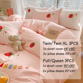 KASBLUEL Duvet Cover Queen Size, Cotton Full 3Pcs Zipper Bedding Set, 3D Embroidery Chenille Embroidered Reversible Bed Set, Pink Strawberry Floral Cute Kawaii Comforter Cover for Kids Teen Girls