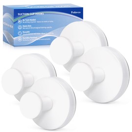 Pedavco Suction Cup Hooks for Shower No Drill - Heavy Duty Stainless Steel Bathroom Hooks, Wall Mounted for Towels, Robes, Loofah - Works on Tile, Glass, Mirror, Kitchen (White, 4 Pack)