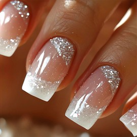 Medium Square Press on Nails White French Tip Fake Nails with Glitter Sequins Design Nails Press ons Nude Full Cover False Nails Glossy Acrylic Nails Winter Glue on Nails for Girls 24Pcs