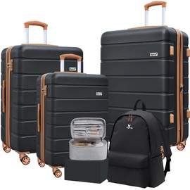 KEYTANG Explorer Lightweight Hardside Expandable Luggage Spinner Wheels Suitcase W/TSA Lock, Black-Brown, 5 Piece Set