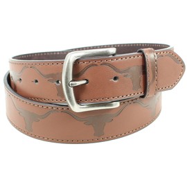 Longhorn Bull Leather Belt Strap and Metal Buckle 1.5" Wide with Snaps - Western Bullhorn, Brown, Large (34-36)