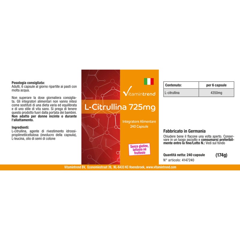 L-Citrulline 725 mg – 240 Capsules – Vegan – High