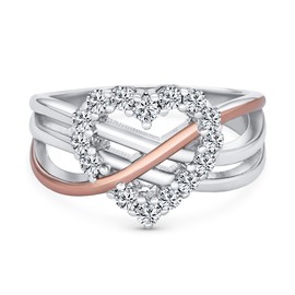 Romantic Two Tone Pave CZ Accent Cubic Zirconia Crossover Intertwined Infinity& Heart Promise Ring For Women Rose Gold Plated .925 Sterling Silver