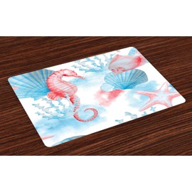 Lunarable Nautical Place Mats Set of 4, Shells Sea Horse Corals Fish Sandy Beach Exotic Watercolor Effect, Washable Fabric Placemats for Dining Table, Standard Size, White Coral