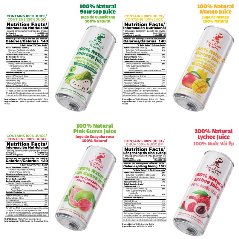 ELEPHANT WORLD 100% Natural Juices | Assorted Superfruits | Soursop-Mango-Guava-Lychee