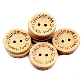 Fodattm 100 PCS Round 2 Hole Handmade with Love Wooden Button Wood Decorative Button for DIY Craft Sewing Embellishment Accessory (Diameter - 1" /25mm)