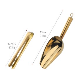 Stainless Steel Ice Scoop and Ice Tongs Small,Set of 3 Round Bottom Bar Ice Utility Scoop, 6 Inches Serving Tongs with Teeth for Large Cubes, Freezer, Ice Bucket，Beach, Party, Bar (Gold)