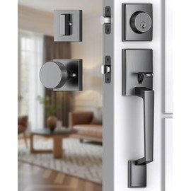 Mensarix Front Door Handle and Deadbolt Set, Steel Gray Front Door Lock Set with Modern Knurl Knob, Exterior Entry Lock with Adjustable Single Cylinder Deadbolt, Reversible for Right & Left