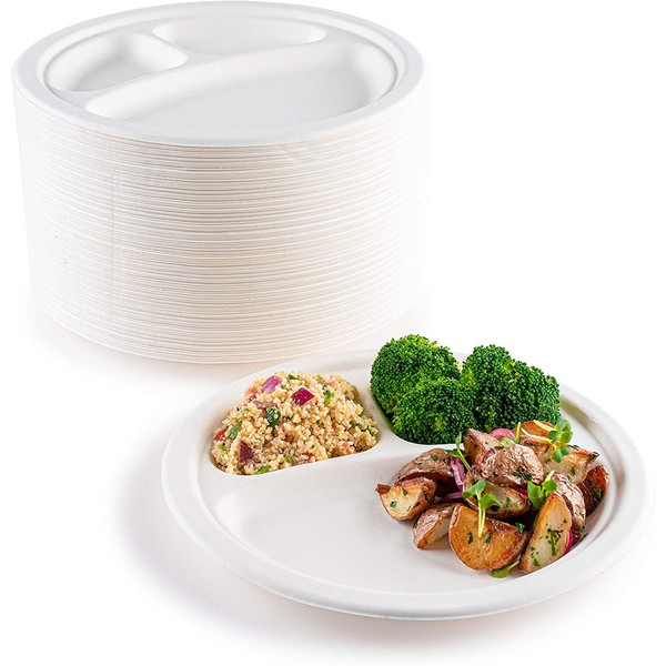 brheez Heavy Duty Round 3 Compartment Disposable Plates [10" inch] Eco-Friendly 100% Natural Bagasse Fiber Biodegradable Compostable Sustainable Paper Alternative Plates [110 Plates]