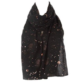 Tinpia Fashion Scarf for Women, Lightweight Colorful Shawl with Star Moon Pattern for Girls Ladies Women Black