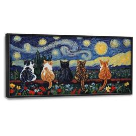 Cat Wall Art, Starry Night With Cat Pictures Wall Decor, Funny Animals Flower Canvas Prints Painting, Large Framed Artwork for Living Room Bedroom Office Bathroom Dining Room 60"x 30"