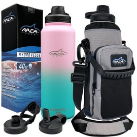 Arca Gear 40 OZ Hydro Vessel & Hydro Carrier Combo Pack - Insulated Stainless Water Bottle and Carrier - Ombré Pink & Green Bottle - Frost Grey