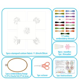 ACRNIGHEET 5PCS Embroidery Starter Kit, Mini Embroidery Kit for Beginners Adults, Stamped Cross Stitch Kits with Stamped Pattern Fabric and Instruction, Creative Gifts, Hummingbird Flowers