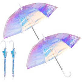Dunzy Holographic Wide Umbrella Iridescent Clear Umbrella for Wedding Automatic Open Windproof Parasol Umbrella, 39 Inch(2 Pieces)