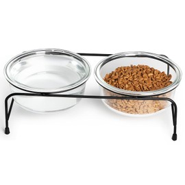 GDCZ Glass Raised Cat or Small Dog Bowls with Heighten Metal Stand and Non Slip Bottom for Pet Food and Water Dishes,18 Ounces Transparent