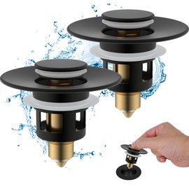 Hibbent 2 Pack All Metal Universal Bathroom Sink Stopper for 1.1''~2.3'' Basin, Pop Up Sink Drain Strainer, Brass Bullet Core Push Type Stopper, Stainless Steel Anti Clogging Drain Filter, Matte Black