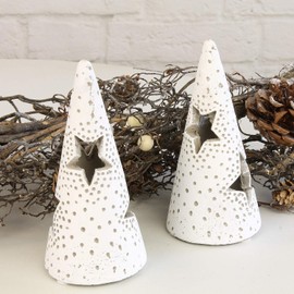 Macosa EX224926 Christmas Tree Set of 2 Concrete Christmas Tree White with Stars Decorative Fir Tree Modern Table Decoration 15 cm Christmas Tree Indoor Christmas Fir Festive Table Decoration