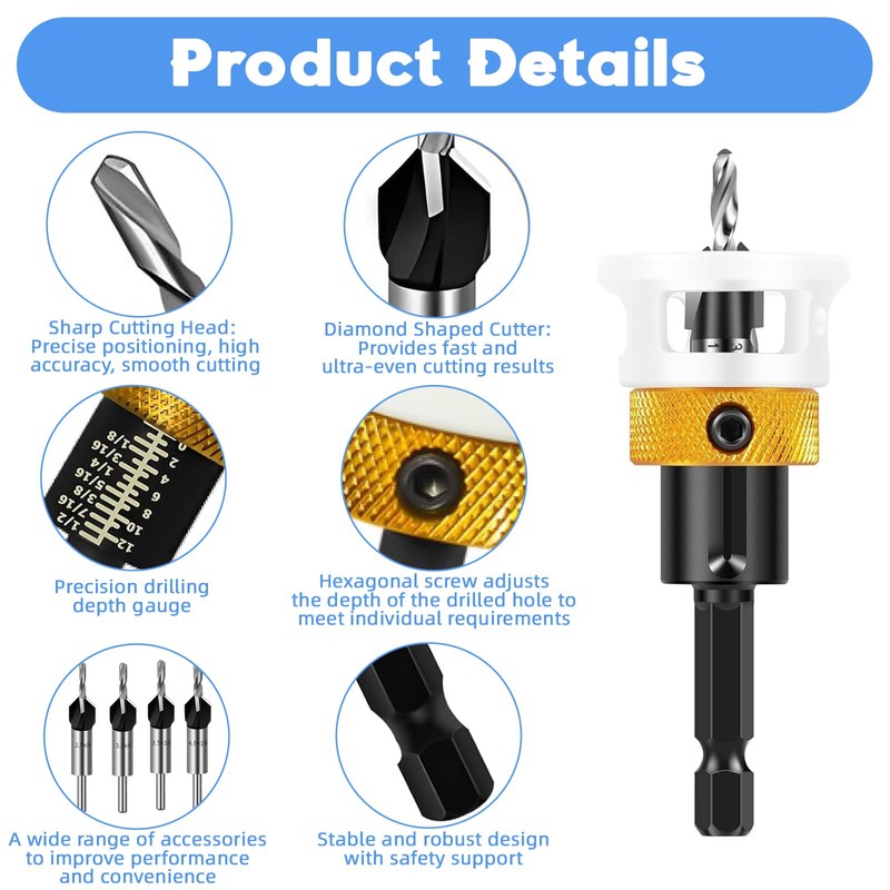 Countersink Drill Bit Set Depth Stop Practical Countersink Wood Drill