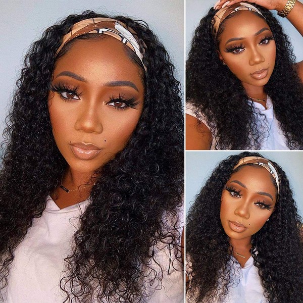 Eooma Curly Headband Wig Human Hair Wigs for Black Women (26 inch) Briazilian Scarf Wig No Gel Glueless Remy Curly None Lace Front Wigs Human Hair