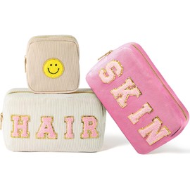 PANTIDE 3Pcs Preppy Corduroy Makeup Bags Set Skin Hair Chenille Letter Patch Cosmetic Bag Portable Toiletry Bag Large Capacity Storage Zipper Purse Travel Organizer Bag for Women Girls